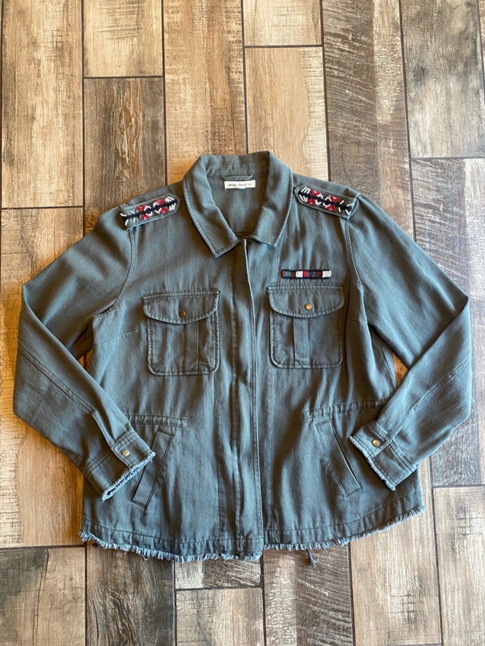 Indigo Thread Co Olive Green Military-Style Embellished Jacket